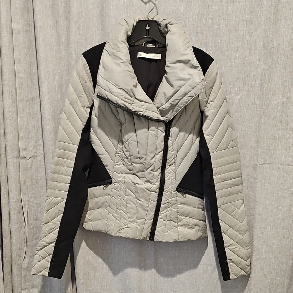 Blanc Noir Gray and Black Feather Down Puffer Jacket with Asymmetrical Zipper